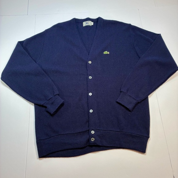 Vintage IZOD Lacoste Mens Cardigan Size XL Navy Blue Grandpa Orlon Acrylic - Picture 1 of 6